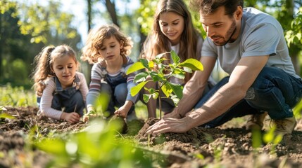 Join a family planting a tree, symbolizing green energy initiatives and sustainable living for a brighter future.