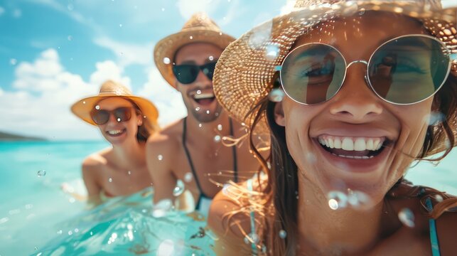 Capture the joy of friends laughing under the sun on a carefree beach vacation. Perfect for those unforgettable summer moments filled with fun and laughter.
