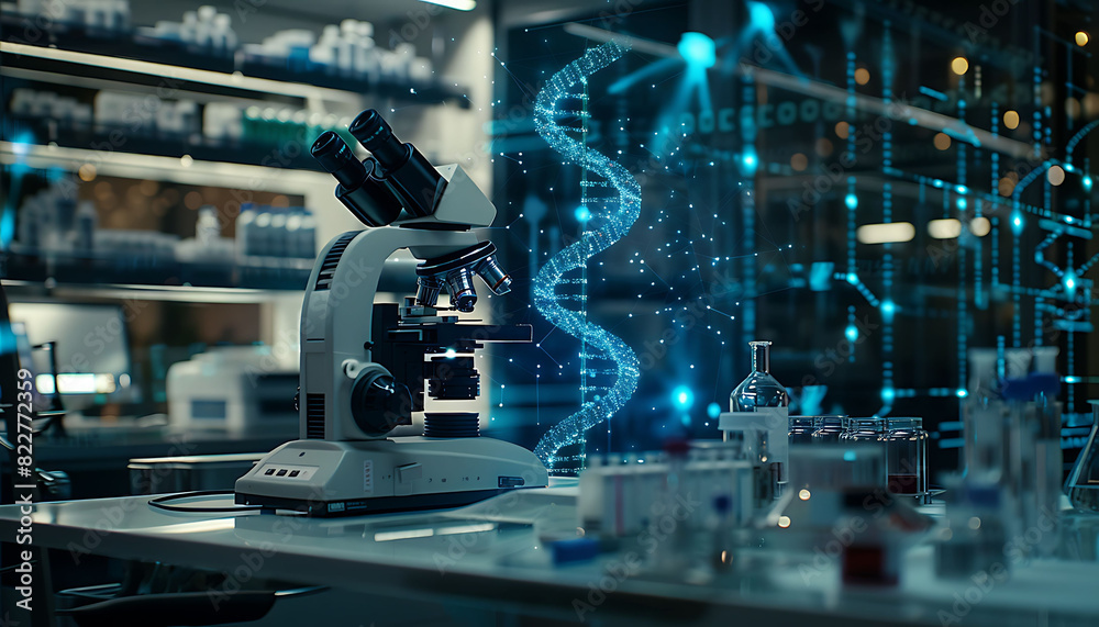 Poster sophisticated laboratory environment with a focus on genetic research, featuring a microscope on a t