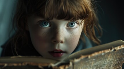 Close up of attractive child reading a book while looking at camera. Elementary student holding fairy tale novel book or bedtime stories with blurring background. Creative activity concept. AIG42. © InfiniteFlow