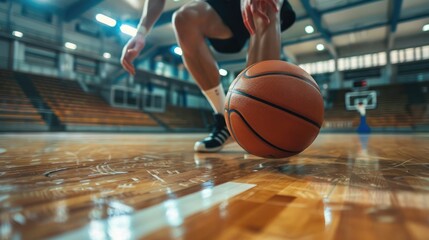 basketball player dribbling a ball on the indoors court