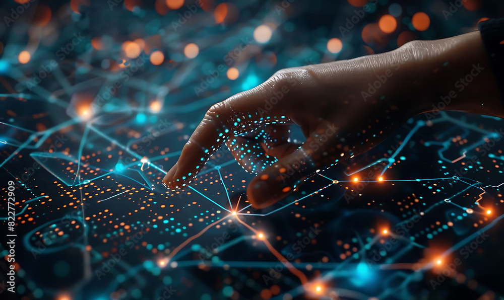 Fototapete futuristic scene with a finger touching a virtual screen filled with interconnected nodes and lines,