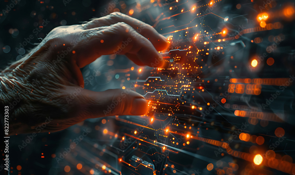 Aufkleber Close-up of a hand interacting with a virtual screen, showcasing glowing nodes and lines symbolizing internet connectivity and digital transformation, set against a futuristic background