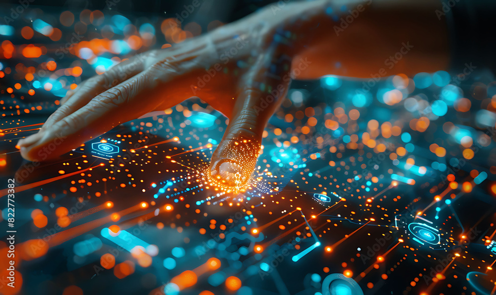 Leinwandbilder Close-up of a hand interacting with a virtual screen, showcasing glowing nodes and lines symbolizing internet connectivity and digital transformation, set against a futuristic background