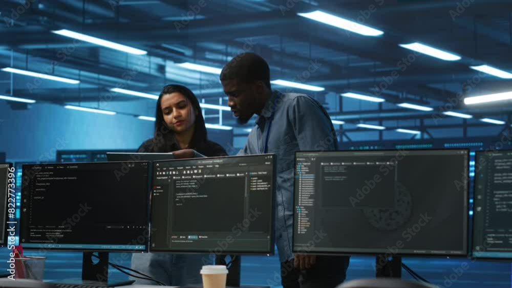 Poster multiethnic team of engineers uses laptop to do programming for servers providing computing resource