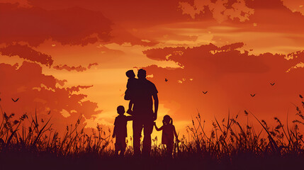 Fototapeta premium un papá caminando de la mano con sus hijos disfrutando el momento juntos como familia sensaciones y emociones de amor y felicidad dia del padre atardecer 
