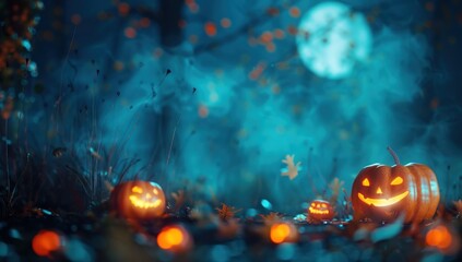 Fototapeta premium Halloween background with foggy forest and pumpkin.