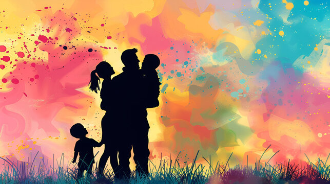 ilustraci&oacute;n de un pap&aacute; abrazando a sus hijos para festejar el dia del padre los hijos demostrando amor a su papa alegria y felicidad sensciones y emociones 