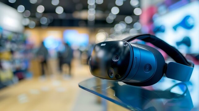 A display of AR headsets in a tech store showing customers how they can use the technology to enhance their shopping experience.