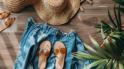Imagine a flat lay of a casual summer outfit with a tank top, sandals, and sunglasses