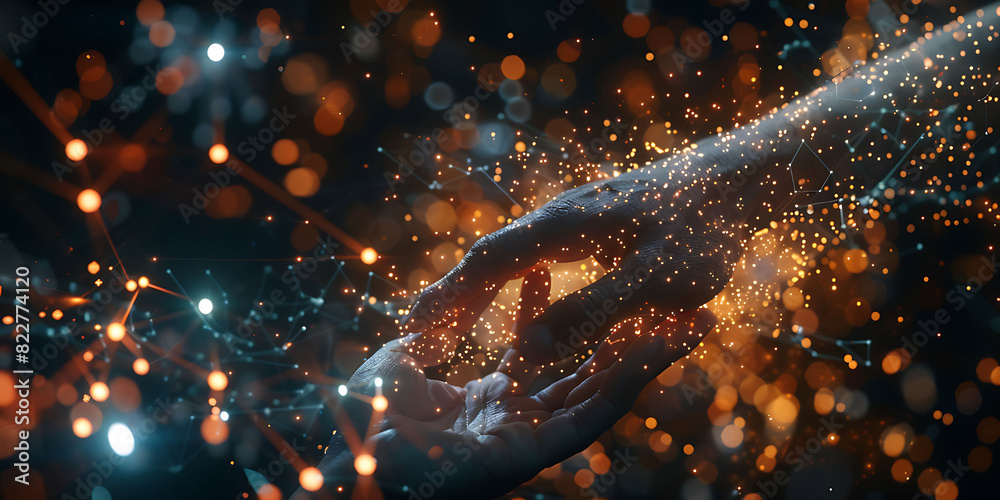 Leinwandbilder hand interacts with a dark background illuminated by a virtual network of bright, interconnected nodes and lines, emphasizing innovative technology and digital connectivity