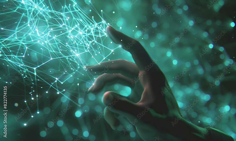 Aufkleber hand touches a virtual futuristic interface filled with glowing nodes and lines, symbolizing big data exchange, internet connectivity, and digital transformation