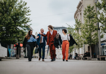 Obraz premium A group of business professionals walking and discussing work outdoors in the city. The image captures teamwork, collaboration, and a professional environment.
