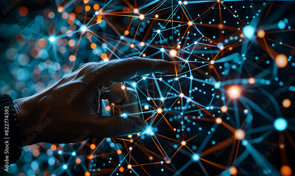 Leinwandbilder hand interacts with a virtual network of interconnected nodes and glowing points on a futuristic interface, symbolizing advanced technology, digital transformation, and seamless data connectivity