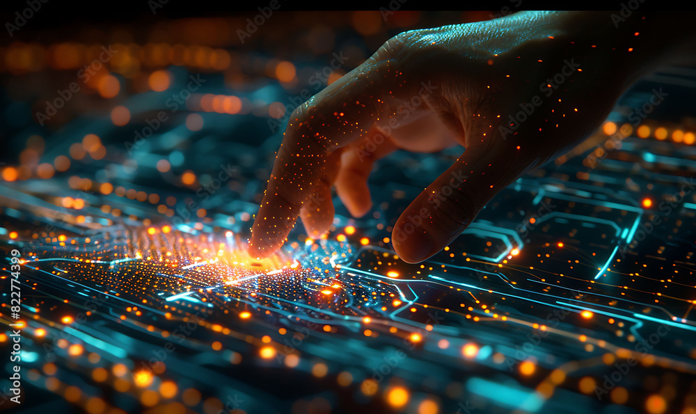 Aufkleber hand touches a virtual screen with a network of bright, interconnected nodes and lines against a dar