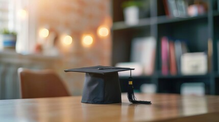 Academic cap or graduation hat on students desk. Education