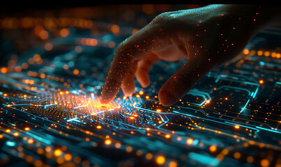 hand touches a virtual screen with a network of bright, interconnected nodes and lines against a dark background, illustrating the themes of digital technology, innovative connectivity, and big data