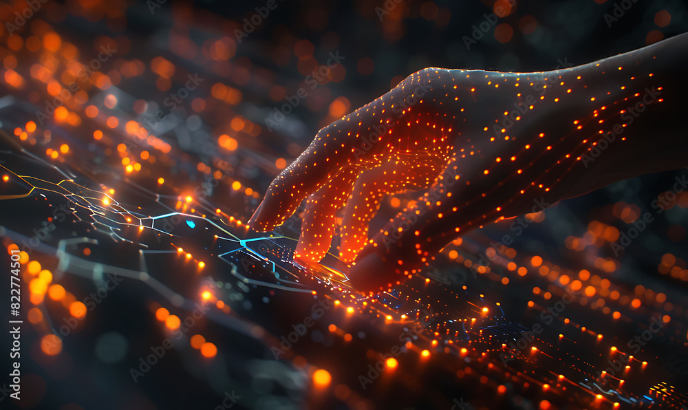 Aufkleber hand touches a virtual screen with a network of bright, interconnected nodes and lines against a dark background, illustrating the themes of digital technology, innovative connectivity, and big data
