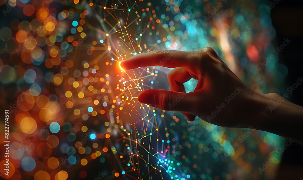 Aufkleber hand touches a virtual screen with a network of bright, interconnected nodes and lines against a dar