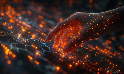 hand touches a virtual screen with a network of bright, interconnected nodes and lines against a dark background, illustrating the themes of digital technology, innovative connectivity, and big data