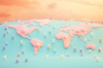 A stylized world map in pink with colorful blocks scattered across a turquoise background.  A soft, light orange sky is visible at the top.
