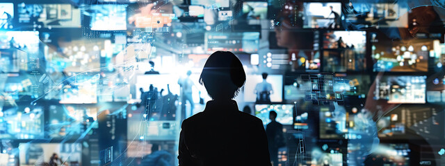 collage of scenes showcasing global business collaboration, featuring business teams working with digital interfaces, global network connections, and data exchange