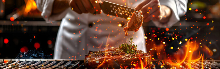 Culinary Mishap Chef Tending to Burnt Dish smoky fire flames heat flavor with nighty background
