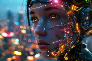 A female robot portrait with intricate circuitry and glowing lights.