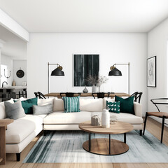 The Photography Image of Modern Elegance Living Room and Dining Space. Perfect for design inspiration, this high-resolution image captures the essence of trendy and functional living spaces