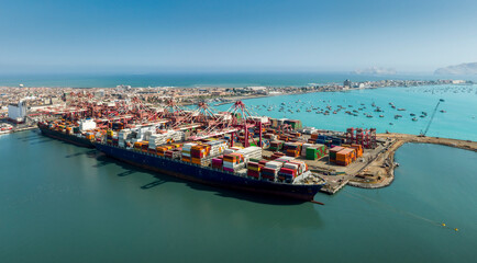 Aerial view of the port of Callao in Lima, Peru, showing port activity with containers and cranes...