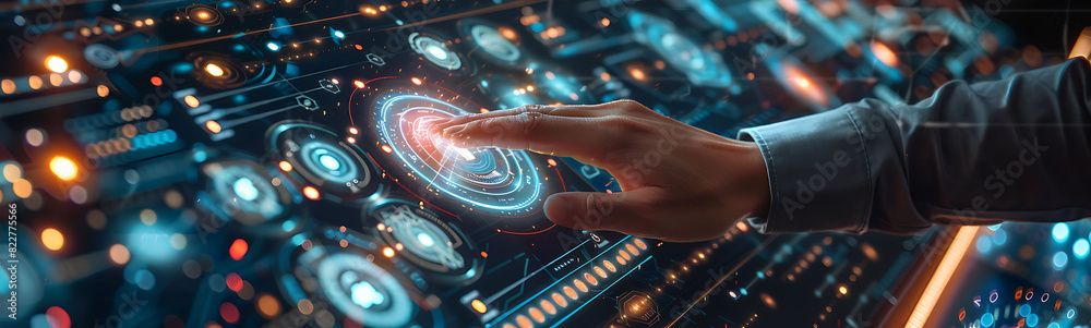 Aufkleber high-tech scene with a software engineer's hands interacting with a computer, surrounded by digital overlays depicting data exchange, network connectivity, AI, and cloud computing