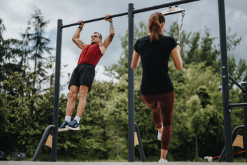 A man and a woman performing strength training exercises on horizontal bars in a park surrounded by green trees, showcasing urban fitness.