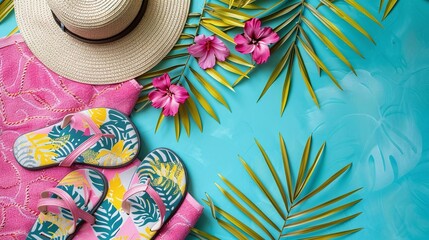 Picture a flat lay with a pair of stylish sandals, a beach towel, and a bottle of water