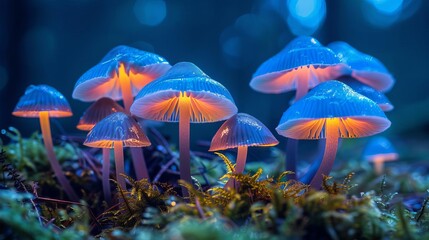 Fototapeta premium A group of bioluminescent mushrooms glowing in the dark woods,
