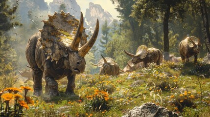 Fototapeta premium A herd of Triceratops grazing in a lush Mesozoic valley,