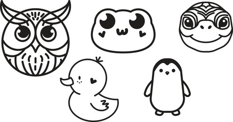 Forest animal set, vector silhouette collection. Owl, Duck, Turtle, Penguin, Frog. Cute animals. 