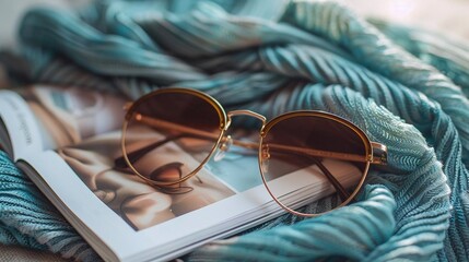 Visualize a flat lay of a pair of stylish sunglasses, a summer scarf, and a magazine