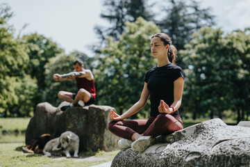 A man and woman engage in yoga and meditation exercises on large rocks in an urban park, surrounded...