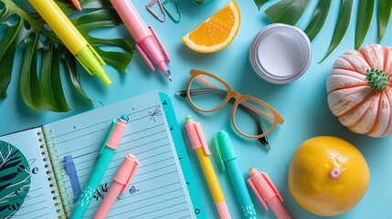 Visualize a flat lay of colorful markers, a planner, and a summerthemed notebook