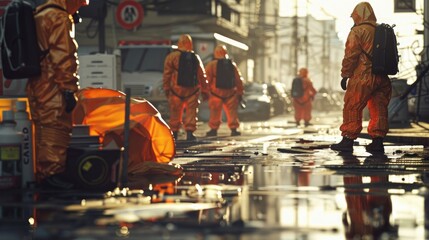 Chemical Spill With Hazmat Suits And Warning Signs. Generative AI
