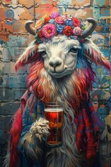A llama dressed up with a drink.