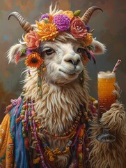 A llama dressed up with a drink.