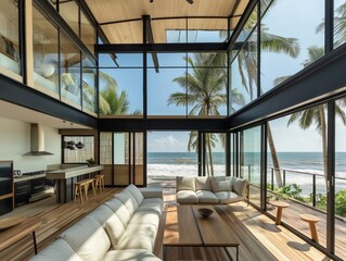 A large open living room with a view of the ocean. The room is filled with white furniture, including a couch, a coffee table, and a few chairs. The space is bright and airy