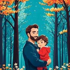 Father's day card. Dad and child in a warm hug. Several options, the trees bloom. copy space. vector illustration. Generative AI
