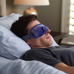 A man is sleeping with a blue eye mask on. The man is wearing a black shirt and is laying on a bed