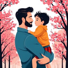 Father's day card. Dad and child in a warm hug. Several options, the trees bloom. copy space. vector illustration. Generative AI