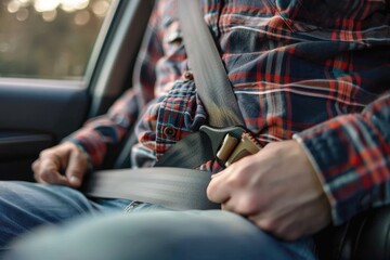 A man in a plaid shirt is buckling his seat belt. Concept of responsibility and safety, as the man takes the necessary precautions to protect himself while driving