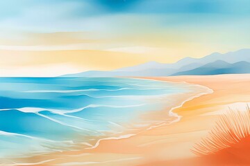 Watercolor beach background with sand, sea and sky. Dreamy scenic view with whispering waves and soothing colors. Perfect for an artistic beach poster, stationery. - Powered by Adobe