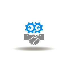 Vector illustration of handshake and gears mechanism with arrows facing each other. Icon of facilitator. Symbol of facilitating.