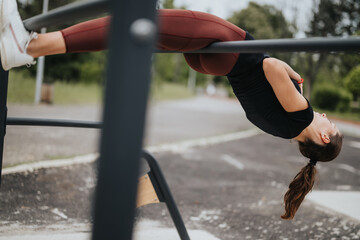 Focused young woman engrossed in an upside-down workout at a public park, demonstrating strength...